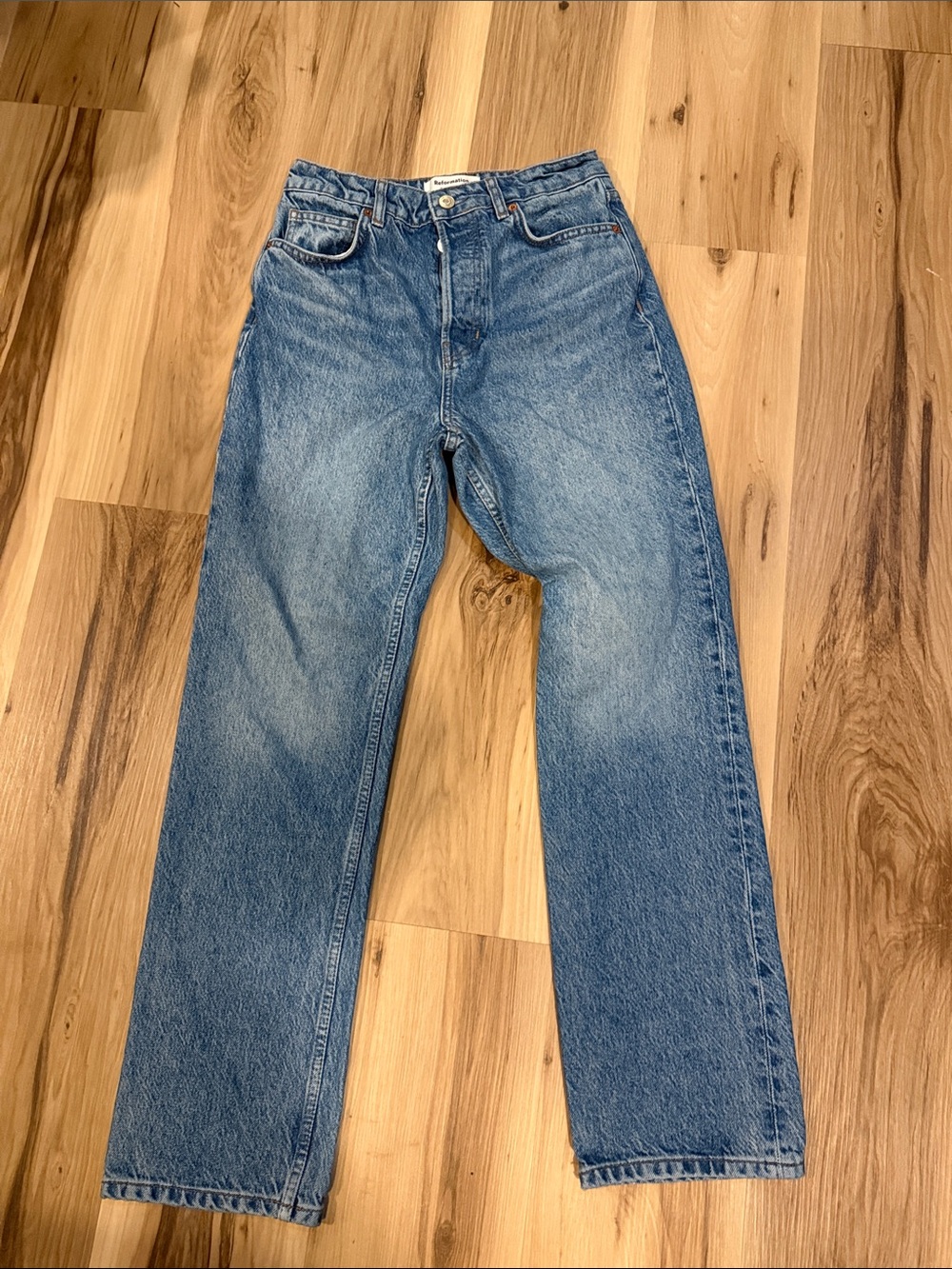 Reformation Cynthia High-Rise Straight-Leg Jeans in Medium Blue